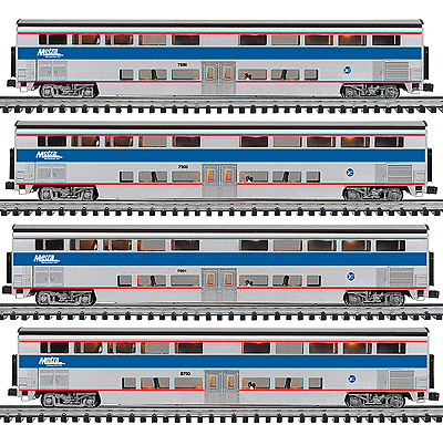 Gold Line(tm) 21" Bi-Level Passenger Car 4-Pac -- Metra 1 Each Parlor Car #7880, Coach #7900, Coach #7901 & Cab Car #8700