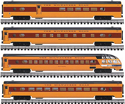 GOLD Line(TM) Extruded Aluminum 21" Passenger Car 4-Pack -- MILW "Hiawatha" Includes 1 Each Coach, Parlor, Diner & Observation