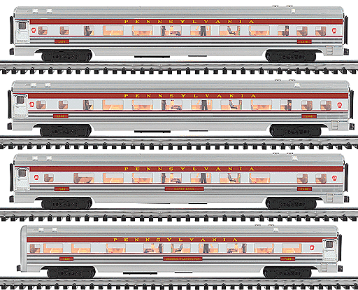 Gold Line(tm) Extruded Aluminum 21" Conressional Car 4-Pac -- Pennsylvania Railroad 1 Each Coffee Shop Car, Coach, Parlor & Observation