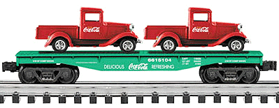 Flatcar w/2 1930s Cars -- Coca-Cola