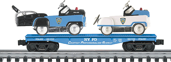 New York City Police Dept. (NYPD) Flatcar w/Load -- With 2 Diecast Pedal Cars