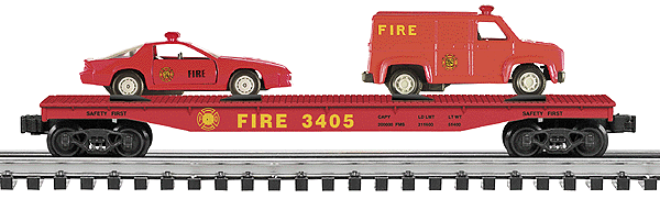 Gold Line(tm) Flatcar -- Fire w/Car & Van