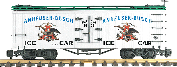40' Billboard Wood Reefer -- Anheuser-Busch Ice Car (white, blue, black, green roof, full-color logos)