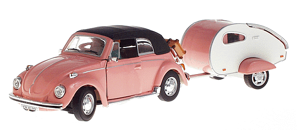 European Automobiles w/Small Camping Trailer (Assembled Diecast) -- Volkswagen Beetle Convertible