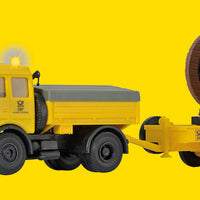 Mercedes-Benz Truck w/Working Lights & Trailer w/Cable Reel - Kit -- German Post Office (yellow, German Lettering)
