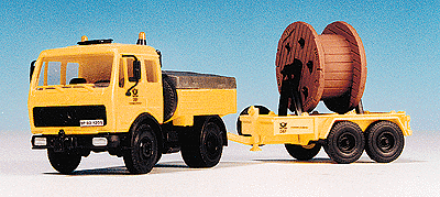 Mercedes-Benz Truck w/Working Lights & Trailer w/Cable Reel - Kit -- German Post Office (yellow, German Lettering)-1