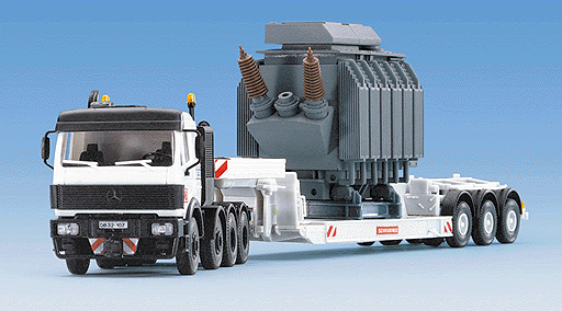 European Trucks - Tractor/Trailer - Mercedes 4-Axle Cabover -- w/3-Axle Low-Boy Flatbed Trailer & Transformer Load (white, red)