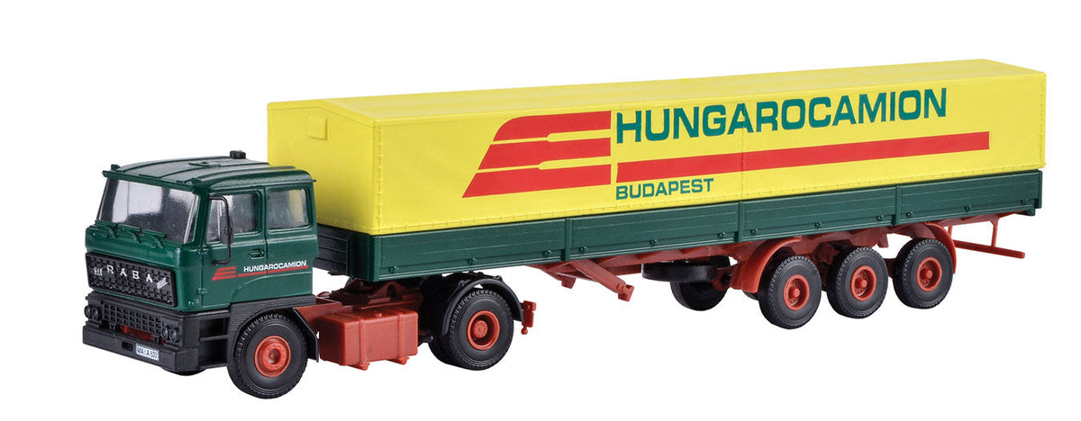 Raba 2-Axle Tractor with Low-Side Tarp Trailer - Kit -- Hungarocamion (green, red, yellow, German Lettering)