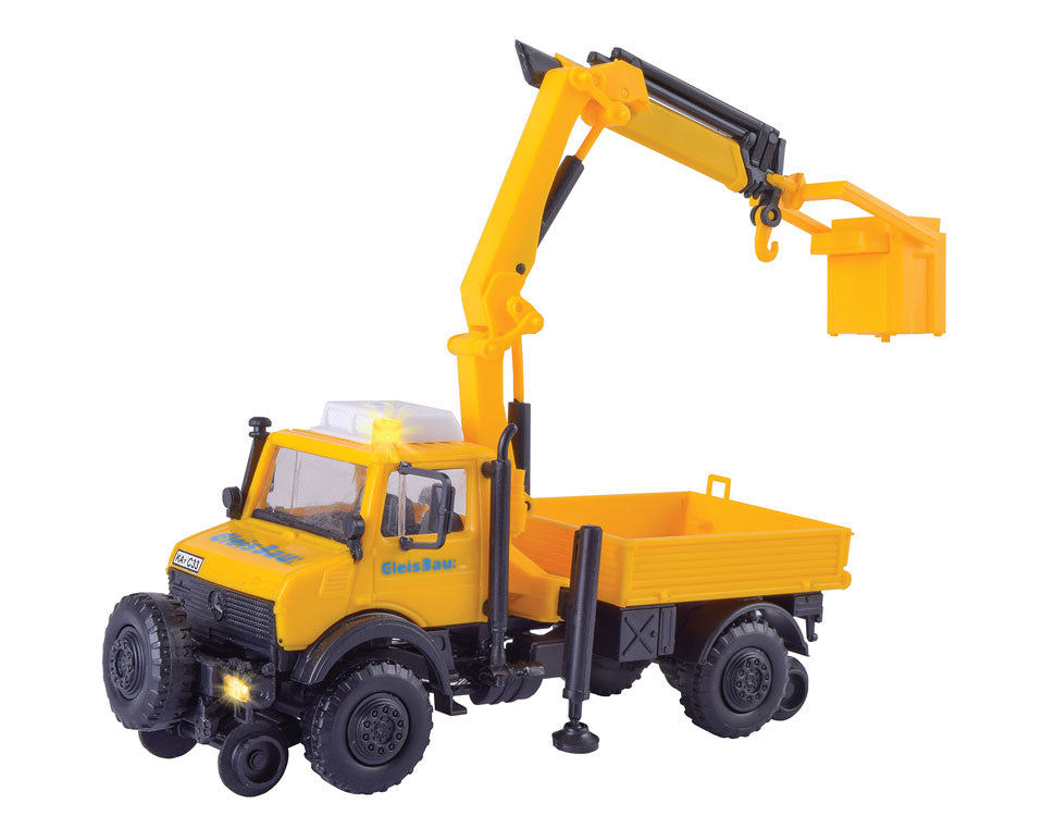 Unimog Hi-Rail Low-Side Truck with Crane and LED Lighting - Kit -- GleisBau (yellow, blue, black, German Lettering)