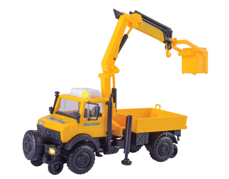 Unimog Hi-Rail Low-Side Truck with Crane and LED Lighting - Kit -- GleisBau (yellow, blue, black, German Lettering)