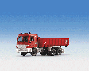 Military - Modern German Army - Emergency Equipment -- Mercedes Actros 3-Axle Flatbed w/Roll On/Off Dumpster Fire Dept. (red)