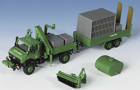 Emergency - Police Dept. Vehicles - Unimog -- Flatbed w/Loading Crane, 2-Axle Trailer & Security Perimeter Fence