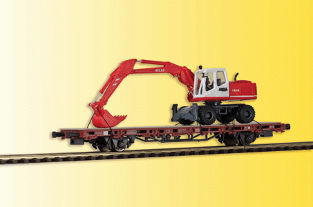 2-Axle Flatcar w/Atlas Wheeled Excavator - Ready to Run -- Boxcar Red, Red & White Excavator