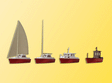 Assorted Boats -- (2) Sailboats, (1) Motor Launch, (1) Workboat