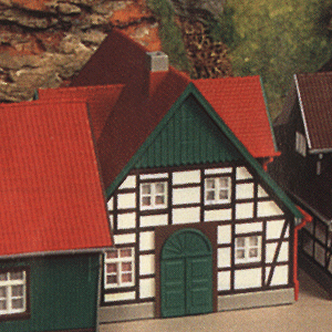 Half-Timbered House in Munsterland -- 4-3/8 x 3-7/8 x 3-13/16"  11 x 10 x 9cm (white/green w/red roof)