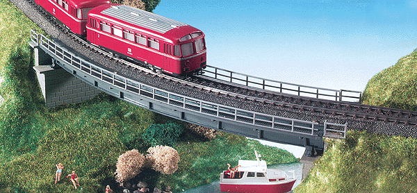 Curved Steel Girder Bridge -- Single Track, 11 x 2-3/4 x 1-3/16"  28 x 7 x 3cm, 14"  35.7cm radius, 45 d