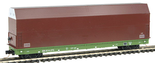 Flatcar w/Tuscan Skybox Hood - Assembled -- Burlington Northern