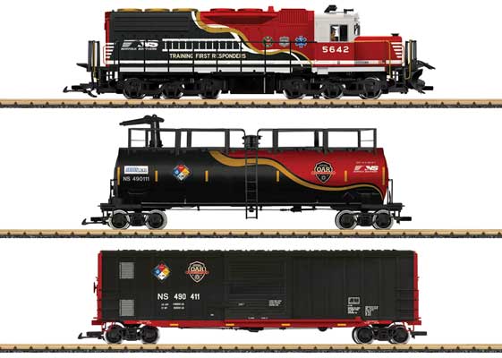 First Responder Train-Only Set w/Squirting Tank Car - Sound and DCC -- Norfolk Southern Diesel & 2 Cars (black, red, white, gold)
