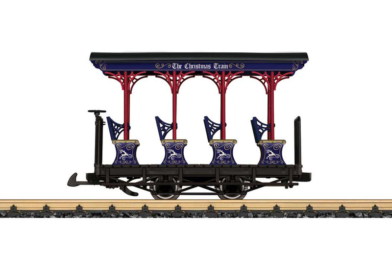 Wood Open Excursion Car - Ready to Run -- The Christmas Tram (blue, red, black)