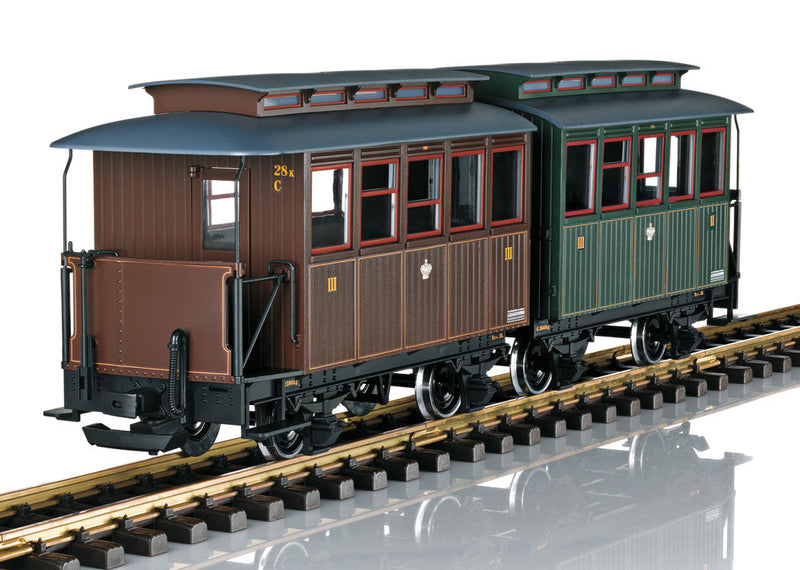 Wood 2-Axle 2nd-3rd Class Paired Coach - Ready to Run -- Sachsische Staatseisenbahn S.St.E. (Era I, 1 brown, 1 green, gray)