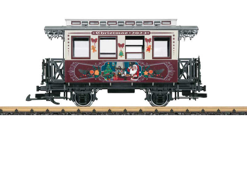 Wooden 2-Axle Passenger Car - Ready to Run -- 2023 Christmas Car (cream, red, silver; Santa Scene, Consuming Milk & Cookie