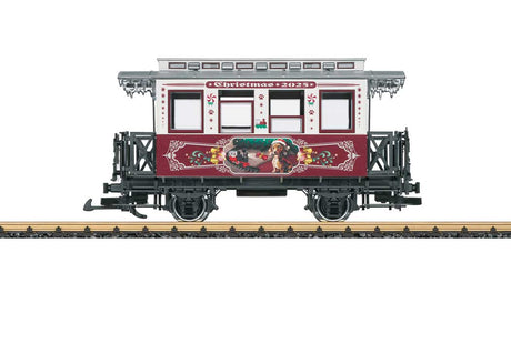 Wooden 2-Axle Passenger Car - Ready to Run -- 2025 Christmas Car (white, red, silver, Dog w/Train Scene)