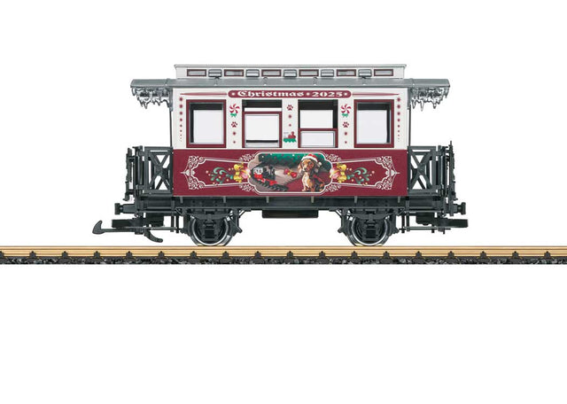 Wooden 2-Axle Passenger Car - Ready to Run -- 2025 Christmas Car (white, red, silver, Dog w/Train Scene)