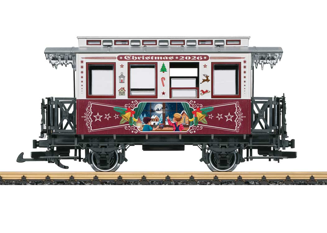 Wooden 2-Axle Passenger Car - Ready to Run -- 2026 Christmas Car (white, red, silver, Window Scene)