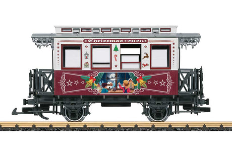 Wooden 2-Axle Passenger Car - Ready to Run -- 2026 Christmas Car (white, red, silver, Window Scene)