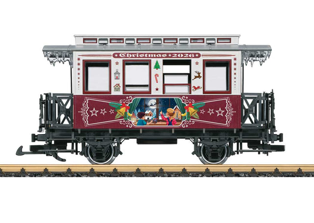 Wooden 2-Axle Passenger Car - Ready to Run -- 2026 Christmas Car (white, red, silver, Window Scene)