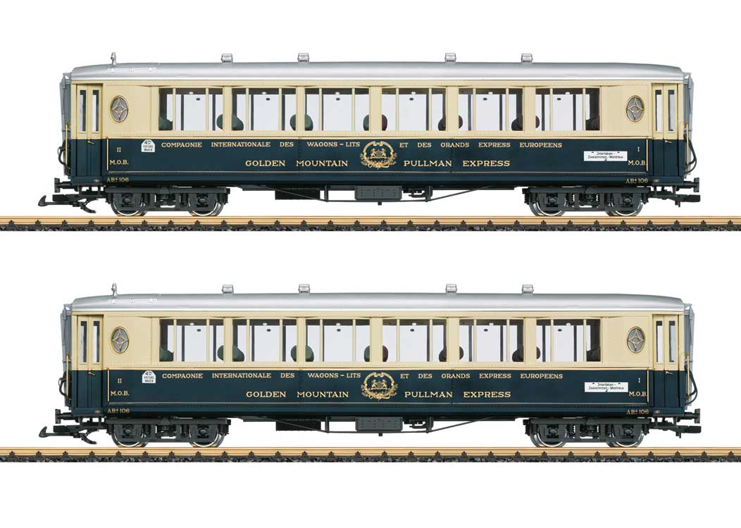4-Axle Passenger Car 2-Pack - Ready to Run -- MOB Golden Mountain Pullman Express Set 2 (Era II 1930s, cream, blue)