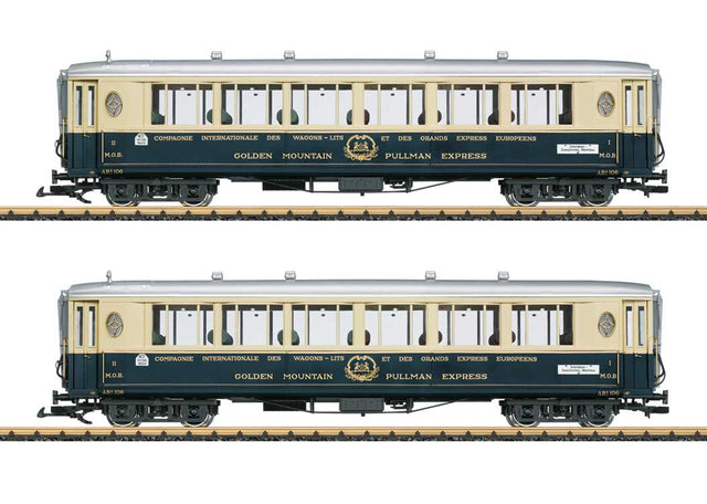 4-Axle Passenger Car 2-Pack - Ready to Run -- MOB Golden Mountain Pullman Express Set 2 (Era II 1930s, cream, blue)