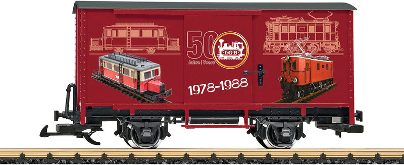 2-Axle Steel Boxcar - Ready to Run -- LGB 50th Anniversary (red, 1978-88 Model Graphics)