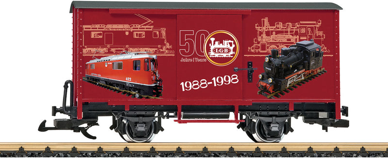 2-Axle Steel Boxcar - Ready to Run -- LGB 50th Anniversary (red, 1988-98 Model Graphics)