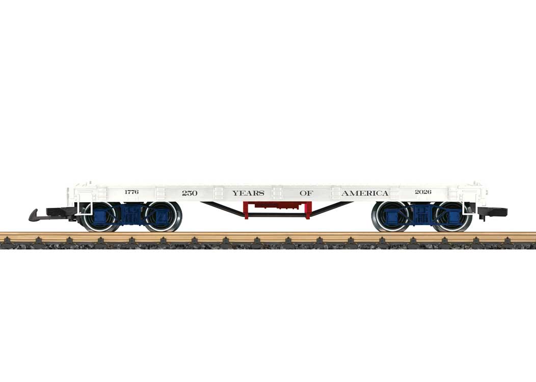 4-Axle Wood Flatcar - Ready to Run -- America 250 (white, red, blue)-1