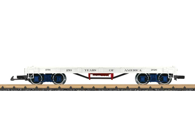 4-Axle Wood Flatcar - Ready to Run -- America 250 (white, red, blue)-1