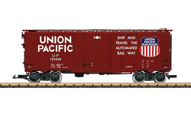 40' Steel Express Boxcar - Ready to Run -- Union Pacific #125268 (Boxcar Red, white, Ship and Travel Slogan)