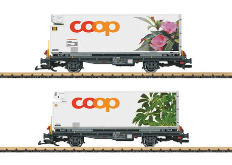 Container Flatcar w/Reefer Container 2-Pack - Ready to Run -- RhB Rhaetian Railway w/Coop(R) Container (gray car, white container)