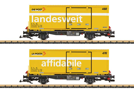 2-Axle Container Flatcar w/Container 2-Pack - Ready to Run -- Rhaetian Railways RhB (Era V, gray Flatcars; Post Containers, yellow)-1