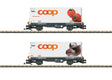 Container Car w/Reefer Container 2-Pack - Ready to Run -- Rhaetian Railroad RhB (Era VI, gray, white Coop Containers - Tomato & Mushro