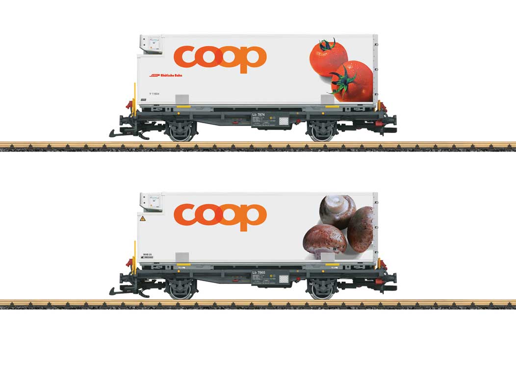 Container Car w/Reefer Container 2-Pack - Ready to Run -- Rhaetian Railroad RhB (Era VI, gray, white Coop Containers - Tomato & Mushro