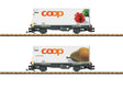 Container Car w/Reefer Container 2-Pack - Ready to Run -- Rhaetian Railroad RhB (Era VI, gray, white Coop Containers - Radish & Pear)