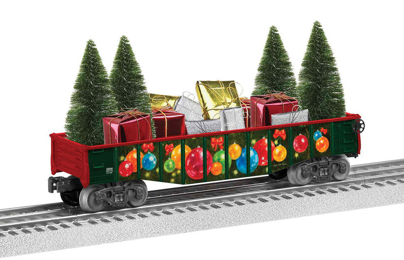 Gondola - 3-Rail - Ready to Run -- Angela Trotta Thomas (green, red, trees and gifts)