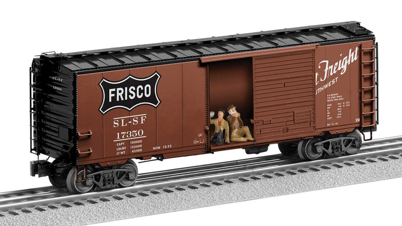 Steel Boxcar with Hobos - 3-Rail - Ready to Run -- St. Louis-San Francisco #17350 (Boxcar Red, black, Frisco Fast Freight Sloga