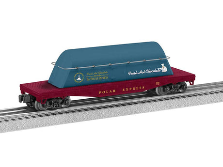 Butterdish Milk Car/Flatcar w/Milk Tank - 3-Rail - Ready to Run -- Polar Express Hot Cocoa Container (blue, red)
