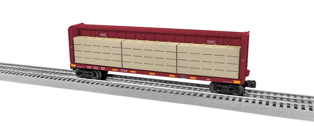 Centerbeam Flatcar with Load - 3-Rail - Ready to Run -- Norfolk Southern #120231 (Boxcar Red, yellow Conspicuity Marks)