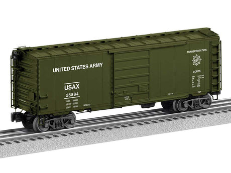 PS-1 Steel Boxcar w/Rail Sounds and PatriotSounds - 3-Rail - Ready to Run -- U.S. Army USAX #26884 (green, USATC Logo)
