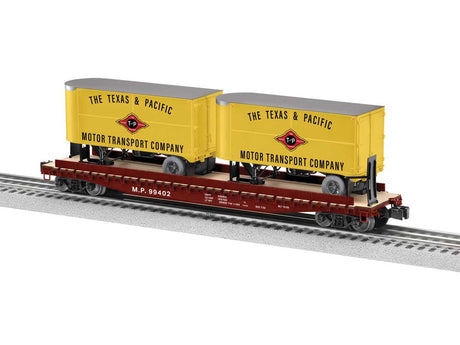 PS-4 50' TOFC Flatcar w/2 20' Piggyback Trailers - 3-Rail - Ready to Run -- Missouri Pacific #99402 (Boxcar Red, yellow T&P Trailers)