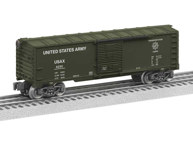Steel Boxcar - 3-Rail - Ready to Run -- U.S. Army #8250 (olive, white, USATC Logo)