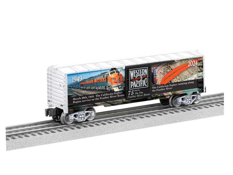 Steel Boxcar - 3-Rail - Ready to Run -- Western Pacific (California Zephyr 75th Anniversary, white, black, orange)